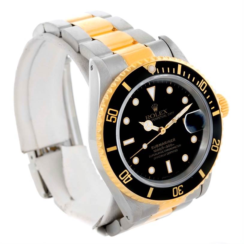 This image shows a Rolex Submariner 16613 Men's Steel and Gold (two tone) Black Dial 16613 Men's Steel and Gold (two tone) Black Dial watch from an angled side view, highlighting its black dial, bezel, and two-tone bracelet.