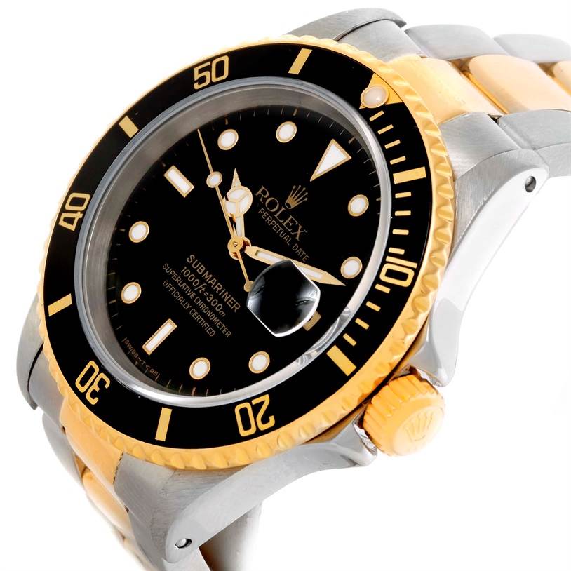 The image shows a close-up angle of a Rolex Submariner 16613 Men's Steel and Gold (two tone) Black Dial 16613 Men's Steel and Gold (two tone) Black Dial watch, highlighting its black dial, gold accents, bezel, crown, and part of the bracelet.