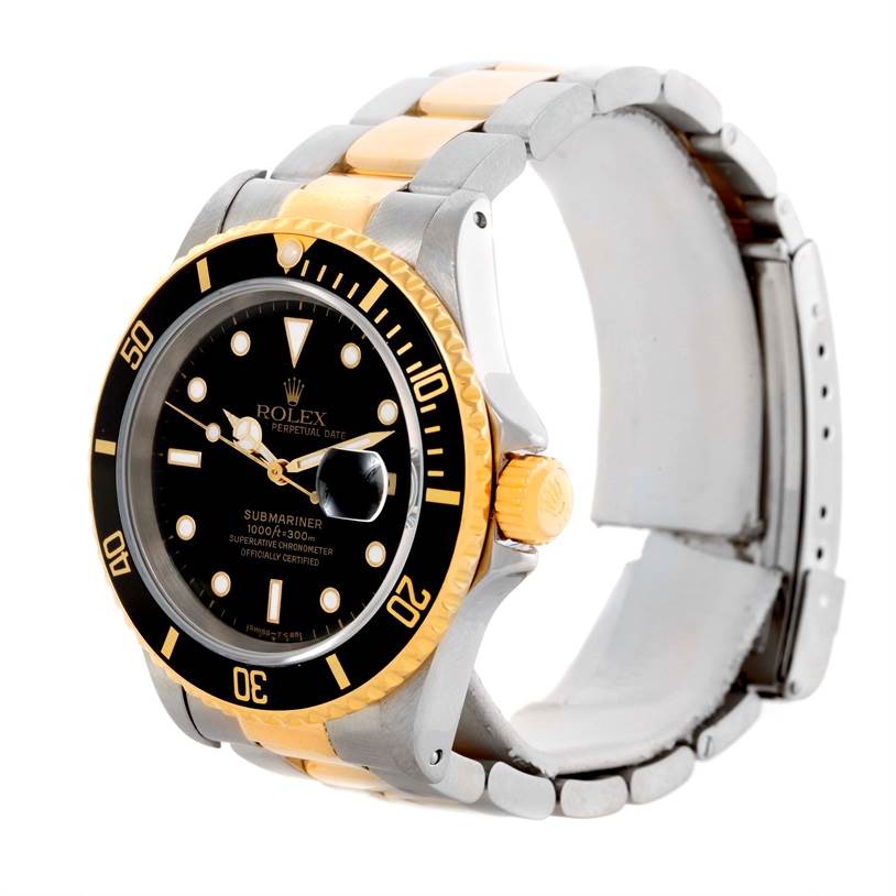 The image shows a Rolex Submariner 16613 Men's Steel and Gold (two tone) Black Dial 16613 Men's Steel and Gold (two tone) Black Dial watch at a slight front angle, displaying its black dial, gold bezel, and two-tone bracelet.