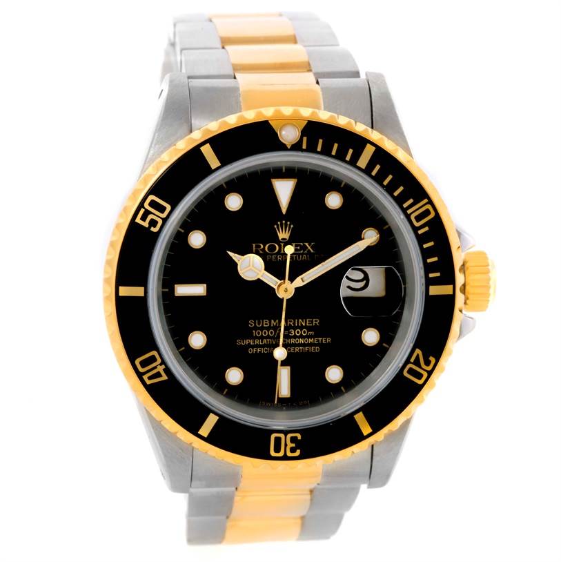 The image shows a frontal view of a Rolex Submariner 16613 Men's Steel and Gold (two tone) Black Dial 16613 Men's Steel and Gold (two tone) Black Dial watch, displaying its face, bezel, and part of the bracelet.
