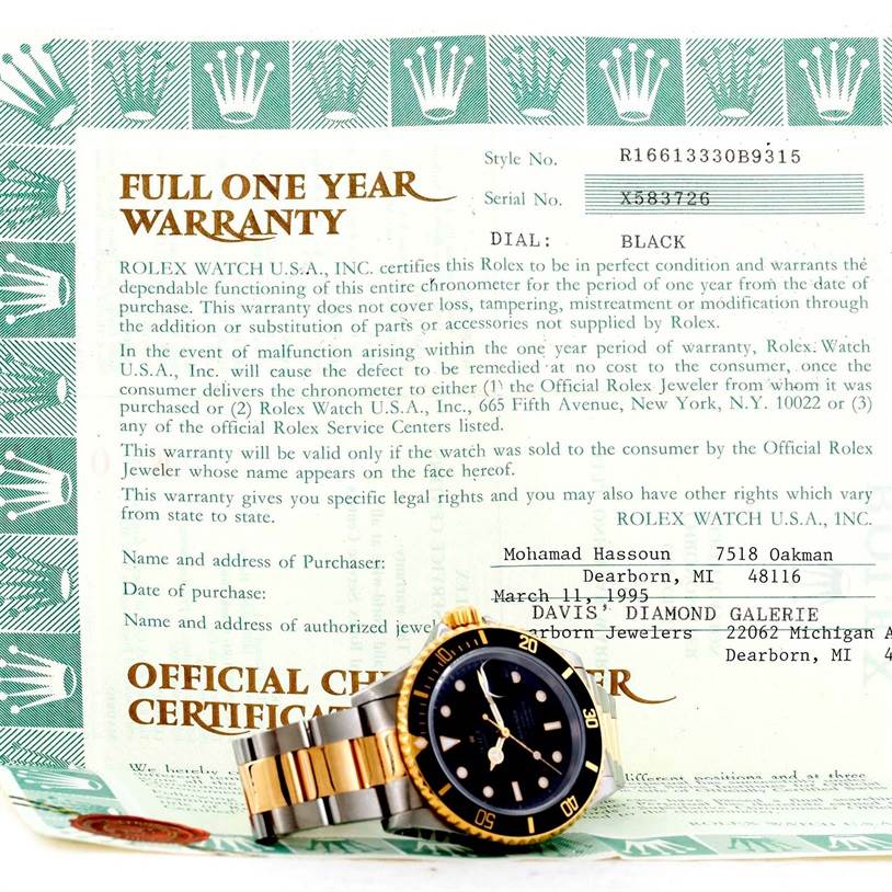 The image shows a Rolex Submariner 16613 Men's Steel and Gold (two tone) Black Dial 16613 Men's Steel and Gold (two tone) Black Dial watch with a black dial and gold accents, displayed on its official warranty card.