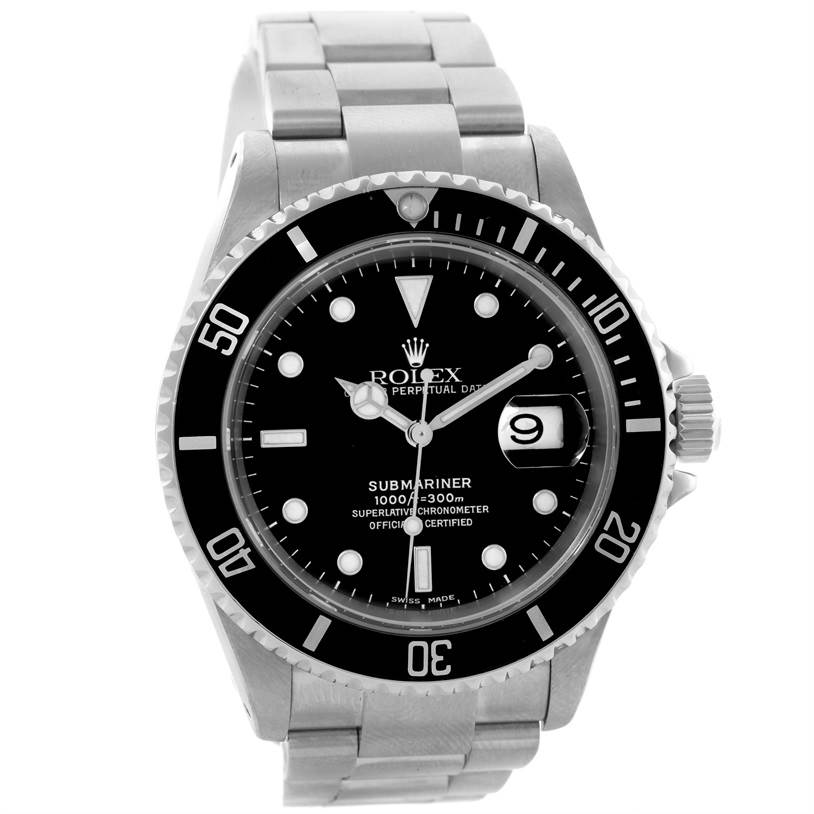 The image shows a front angle view of a Rolex Submariner 16610 Men
s Stainless Steel Black Dial 16610 Men
s Stainless Steel Black Dial watch, featuring its face, bezel, and bracelet band.