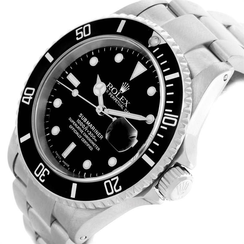 The image shows a Rolex Submariner 16610 Men
s Stainless Steel Black Dial 16610 Men
s Stainless Steel Black Dial watch at an angled view, highlighting its dial, bezel, crown, and part of the bracelet.