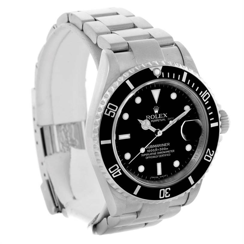 The image shows a Rolex Submariner 16610 Men
s Stainless Steel Black Dial 16610 Men
s Stainless Steel Black Dial watch from a 3/4 angle, highlighting the dial, bezel, bracelet, and clasp.