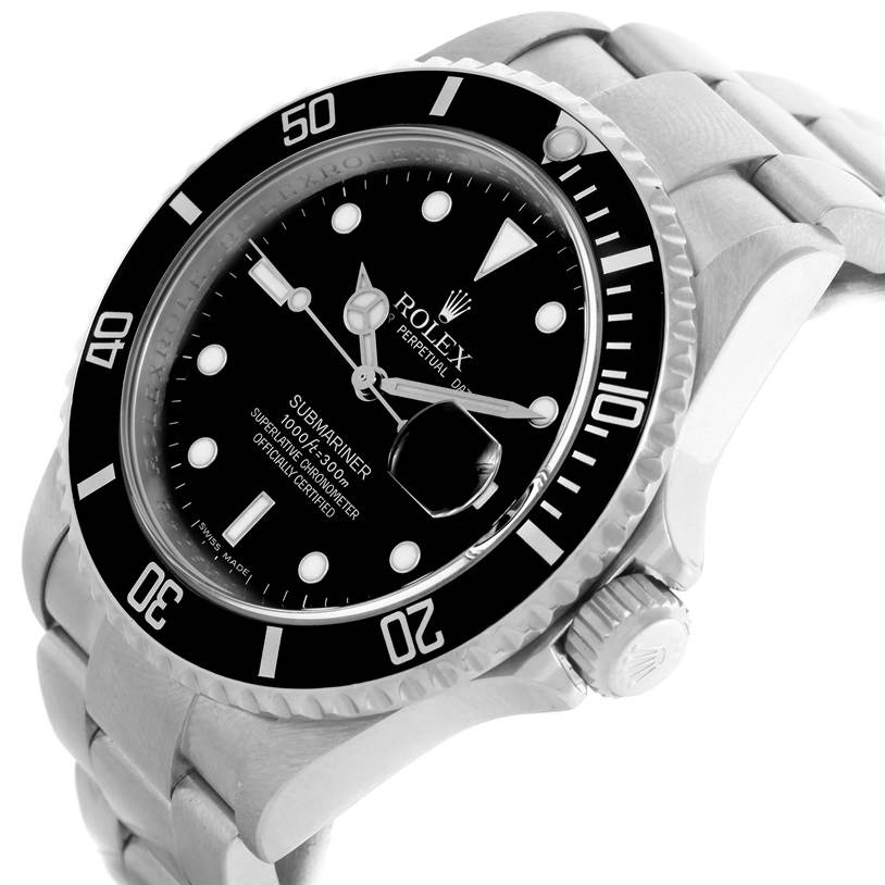 This image shows a Rolex Submariner 16610 Men
s Stainless Steel Black Dial 16610 Men
s Stainless Steel Black Dial watch from a three-quarter angle, highlighting the dial, bezel, crown, and part of the bracelet.