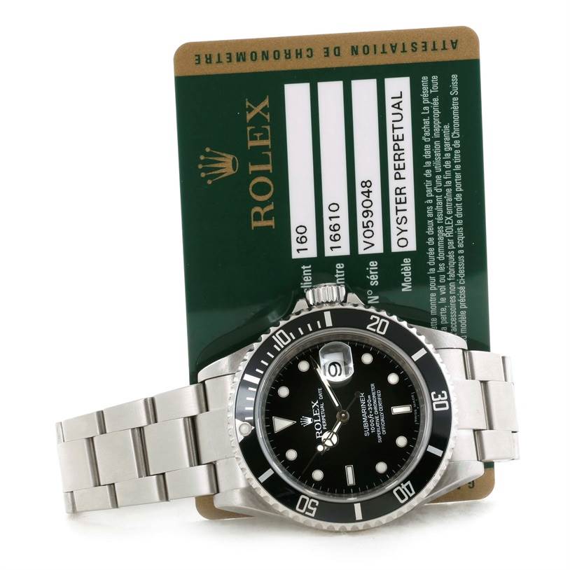 The Rolex Submariner 16610 Men
s Stainless Steel Black Dial 16610 Men
s Stainless Steel Black Dial watch is shown from the front, highlighting its dial, bezel, bracelet, and Best Quality
ation card.