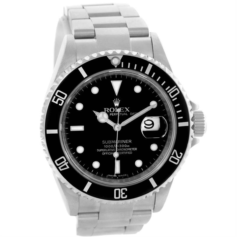 The image shows a front view of a Rolex Submariner 16610 Men
s Stainless Steel Black Dial 16610 Men
s Stainless Steel Black Dial watch, featuring the case, dial, bezel, bracelet, and crown.
