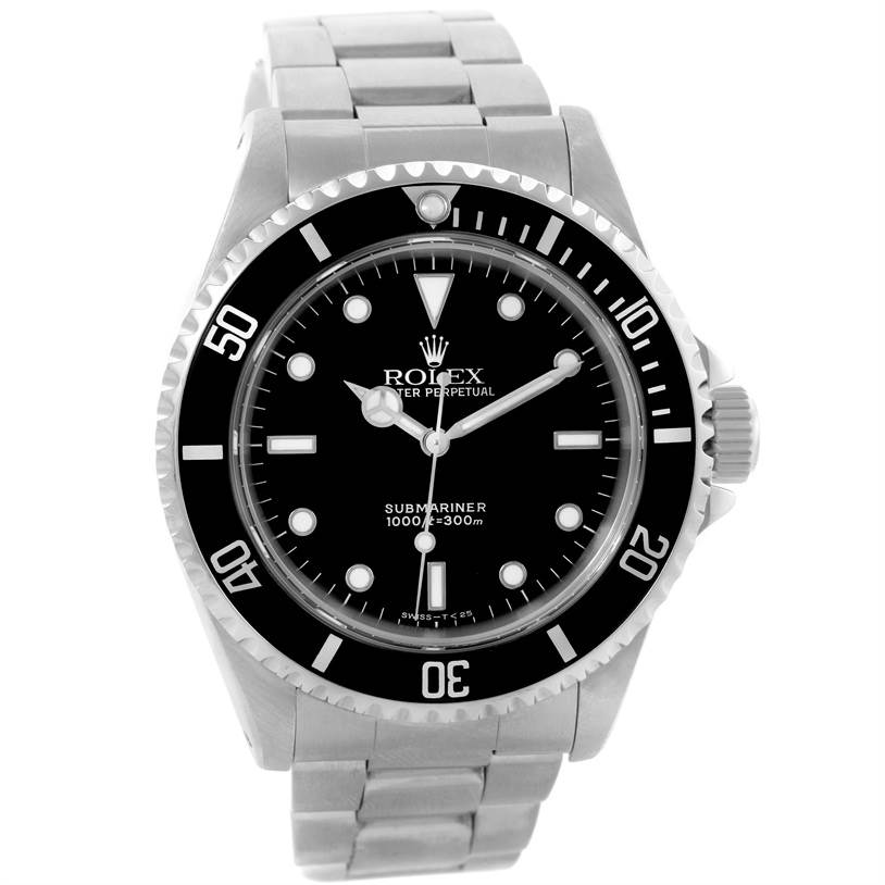 The Rolex Submariner 14060 Men
s Stainless Steel Black Dial 14060 Men
s Stainless Steel Black Dial watch is shown from a front angle, displaying the dial, bezel, hands, and bracelet.