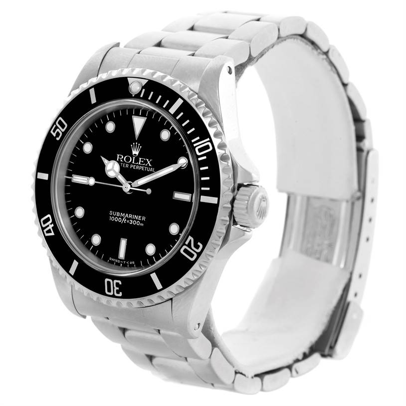 This image shows a Rolex Submariner 14060 Men
s Stainless Steel Black Dial 14060 Men
s Stainless Steel Black Dial watch from a front-left angle, highlighting its dial, bezel, crown, and bracelet.