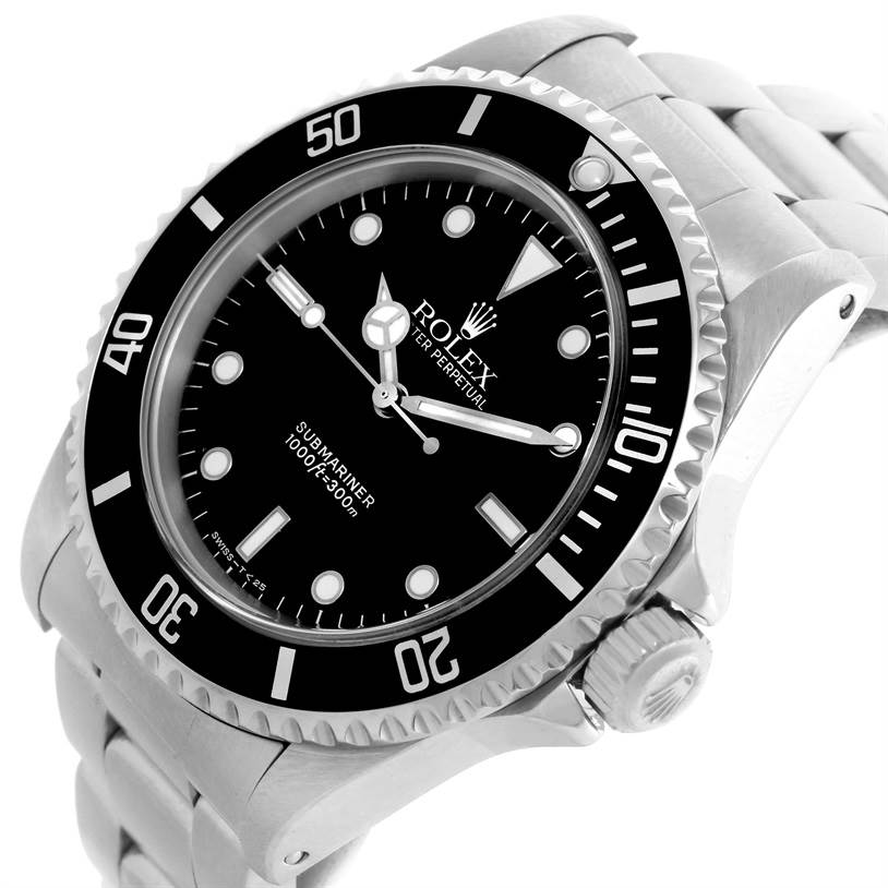 The image shows a close-up angle of the Rolex Submariner 14060 Men
s Stainless Steel Black Dial 14060 Men
s Stainless Steel Black Dial watch, displaying the dial, bezel, and part of the bracelet and crown.