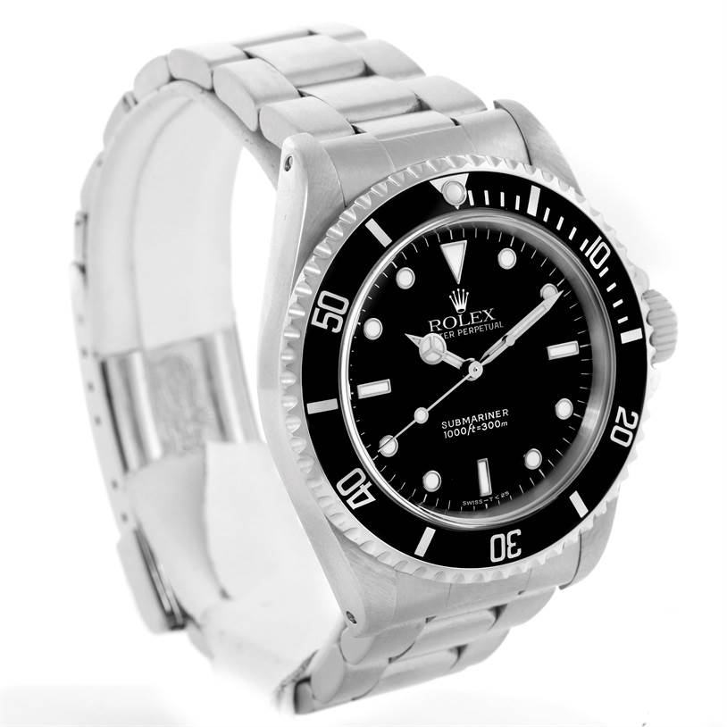 The Rolex Submariner 14060 Men
s Stainless Steel Black Dial 14060 Men
s Stainless Steel Black Dial watch is shown at an angle showcasing the dial face, bezel, crown, and part of the bracelet.