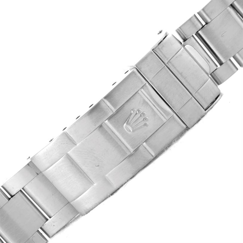 This image shows the stainless steel bracelet and clasp with the Rolex crown logo of a Rolex Submariner 16610 Men
s Stainless Steel Black Dial 16610 Men
s Stainless Steel Black Dial watch at a close-up angle.