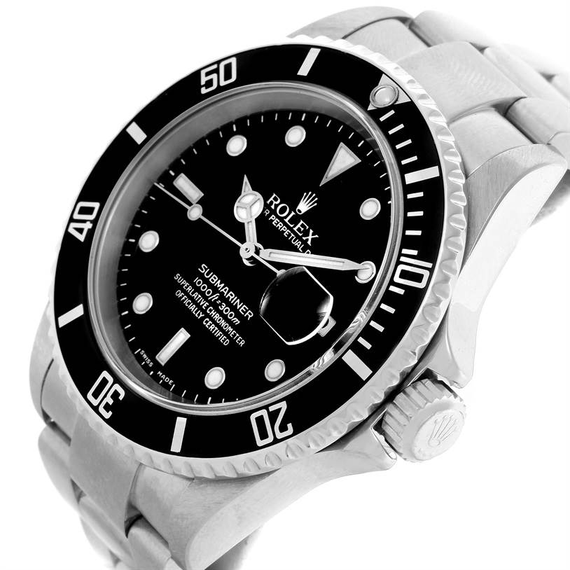 The image shows a close-up angled view of a Rolex Submariner 16610 Men
s Stainless Steel Black Dial 16610 Men
s Stainless Steel Black Dial watch, highlighting the dial, bezel, and part of the bracelet.
