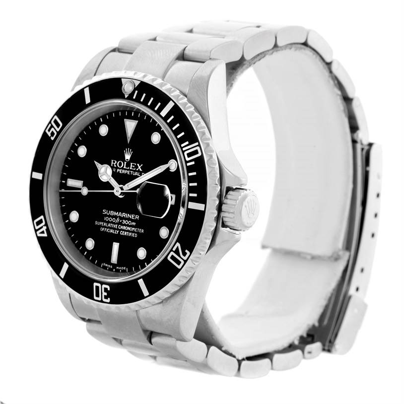 The image shows a Rolex Submariner 16610 Men
s Stainless Steel Black Dial 16610 Men
s Stainless Steel Black Dial watch at an angle highlighting the watch face, bezel, side crown, and metal bracelet.