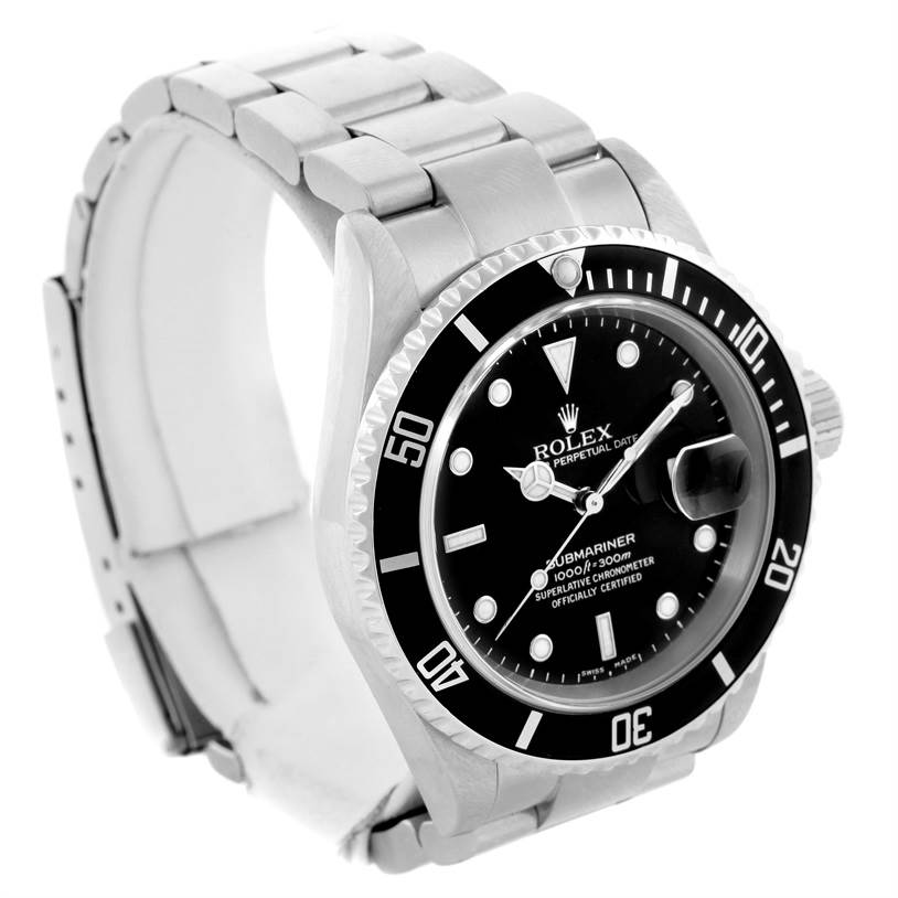The image shows a Rolex Submariner 16610 Men
s Stainless Steel Black Dial 16610 Men
s Stainless Steel Black Dial watch at an angle emphasizing the bezel, dial, and bracelet.