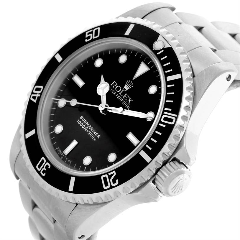 The image shows a close-up side angle of a Rolex Submariner 14060 Men
s Black Dial 14060 Men
s Black Dial watch, highlighting the dial, bezel, crown, and part of the bracelet.
