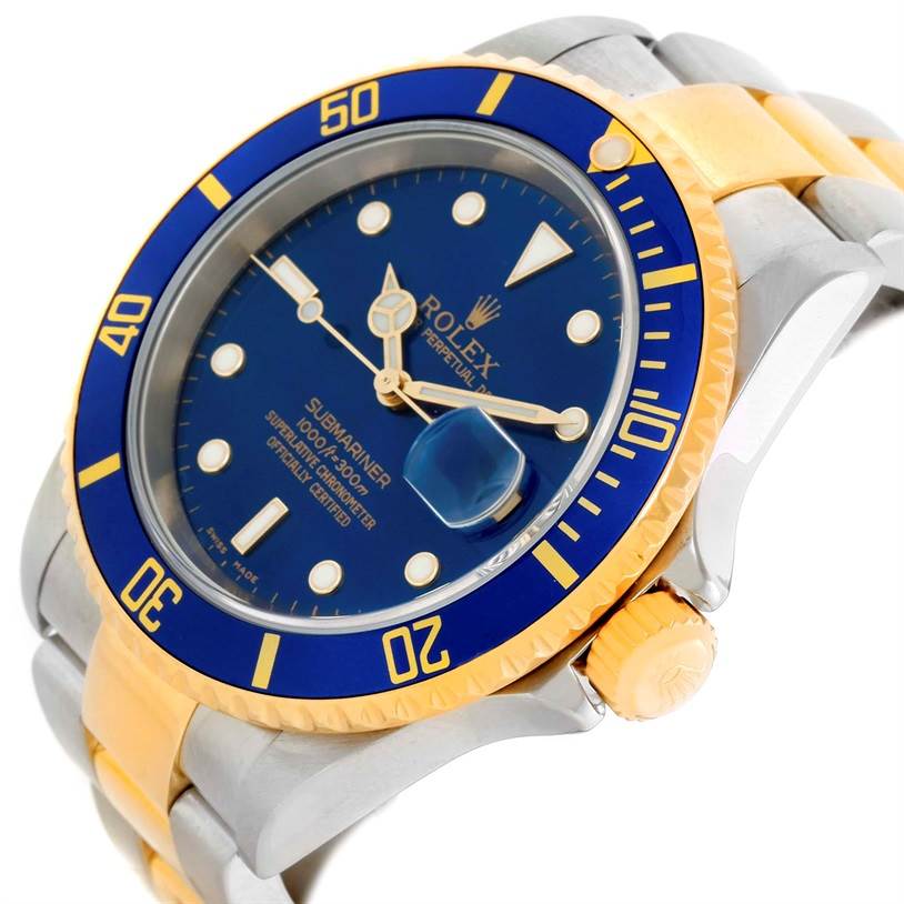 This image shows a close-up angle of a Rolex Submariner 16613 Men
s Steel and Gold (two tone) Blue Dial 16613 Men
s Steel and Gold (two tone) Blue Dial, highlighting the blue dial, bezel, and part of the gold-toned bracelet.
