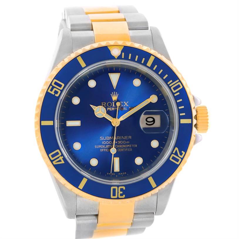 The image shows a Rolex Submariner 16613 Men
s Steel and Gold (two tone) Blue Dial 16613 Men
s Steel and Gold (two tone) Blue Dial watch from a front angle, highlighting its bezel, dial, and bracelet.