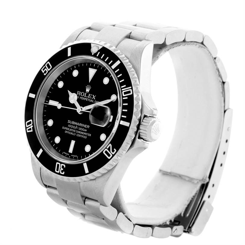 The Rolex Submariner 16610 Men's Stainless Steel Black Dial 16610 Men's Stainless Steel Black Dial watch is shown at an angled side view, highlighting the bezel, dial, and part of the bracelet.