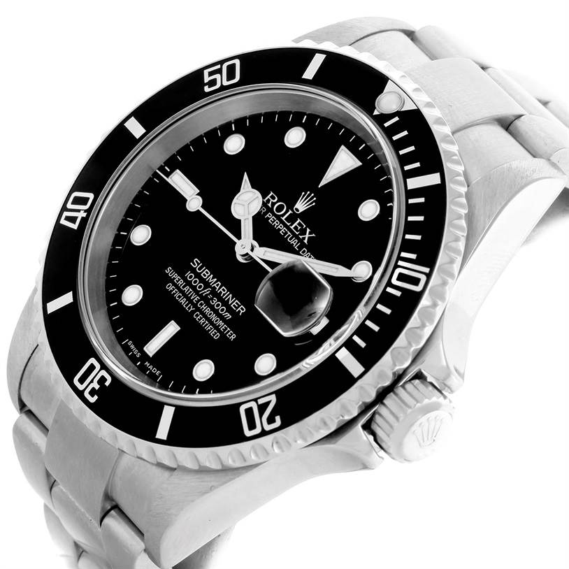 The image shows a close-up of the Rolex Submariner 16610 Men's Stainless Steel Black Dial 16610 Men's Stainless Steel Black Dial watch, highlighting the black dial, rotating bezel, crown, and part of the bracelet.