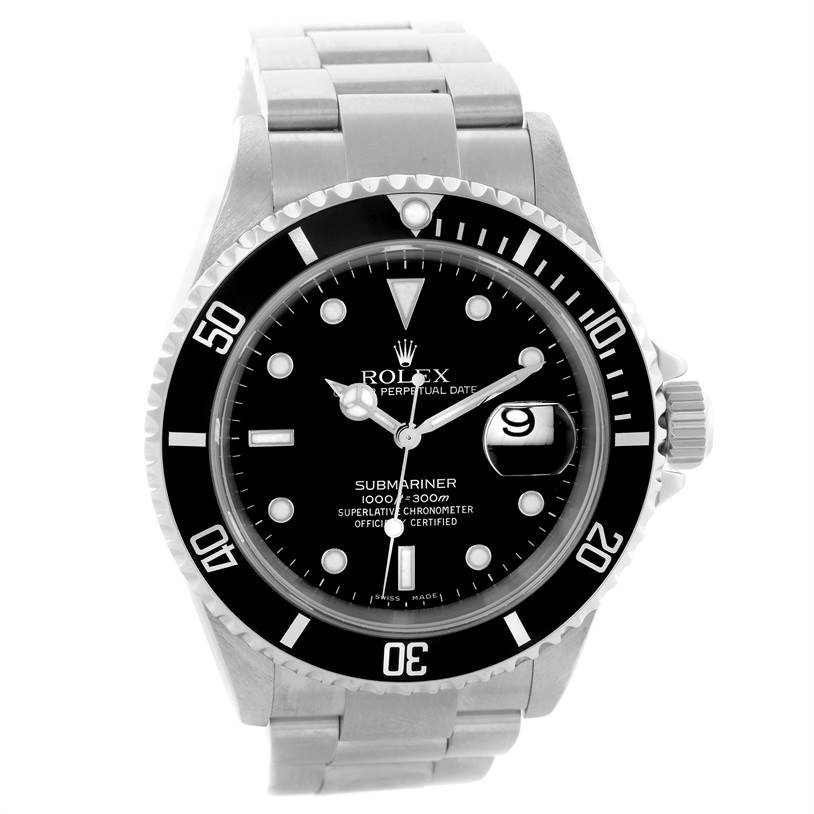 The image shows a front view of a Rolex Submariner 16610 Men's Stainless Steel Black Dial 16610 Men's Stainless Steel Black Dial watch, highlighting its dial, bezel, and bracelet.