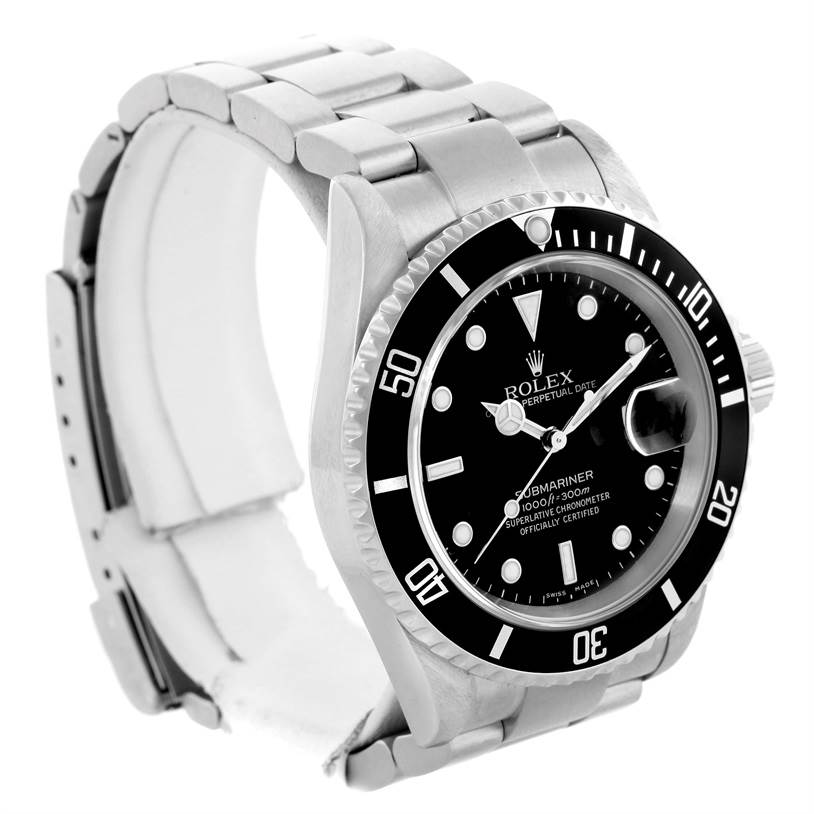 The image shows a Rolex Submariner 16610 Men's Stainless Steel Black Dial 16610 Men's Stainless Steel Black Dial watch angled to display the front dial, bezel, and part of the metal bracelet.