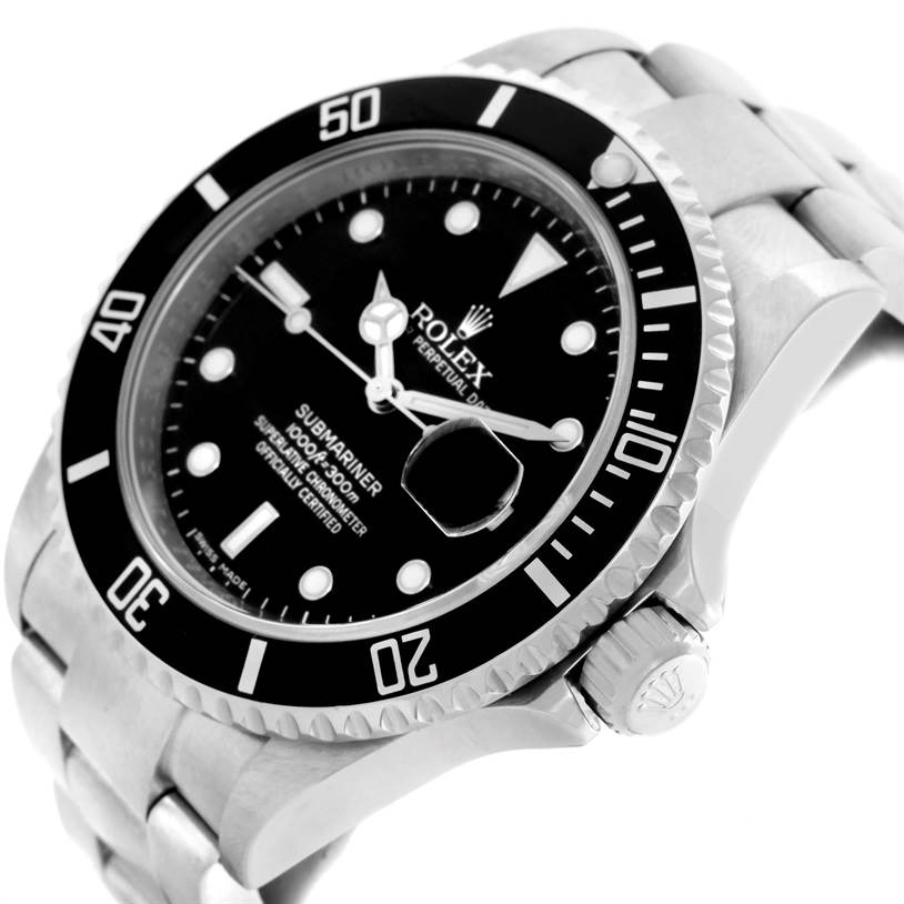 The image shows a close-up angled view of the Rolex Submariner 16610 Men
s Stainless Steel Black Dial 16610 Men
s Stainless Steel Black Dial watch, displaying its dial, bezel, and bracelet.