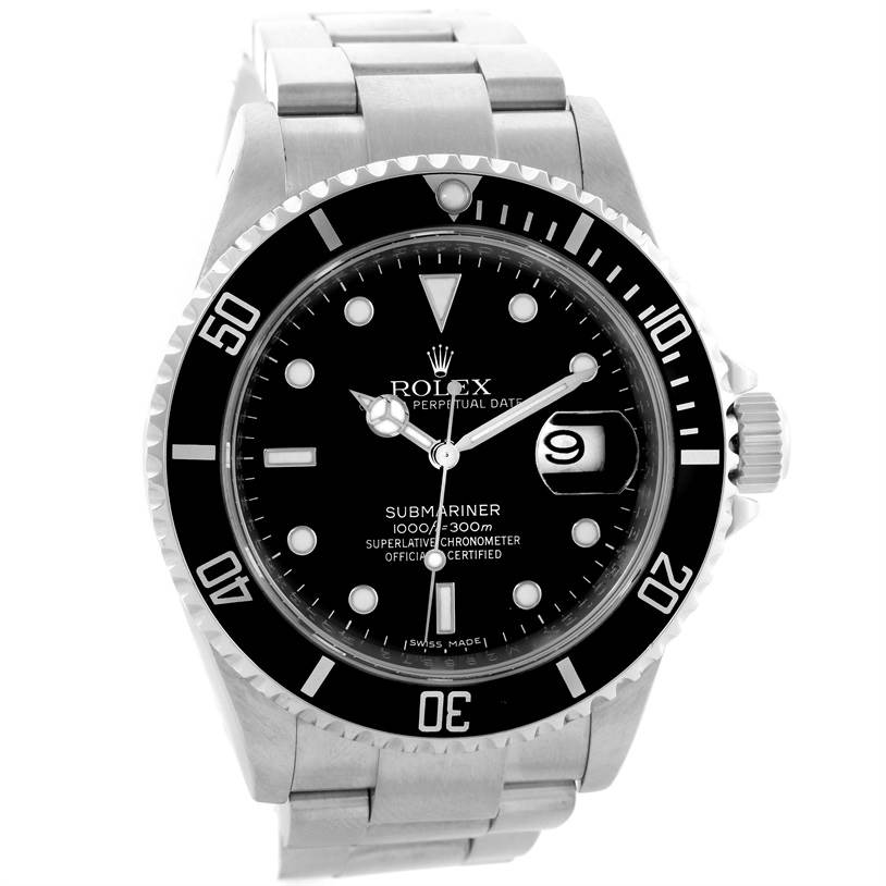 This image shows the Rolex Submariner 16610 Men
s Stainless Steel Black Dial 16610 Men
s Stainless Steel Black Dial watch face and bracelet at a slight clockwise angle.