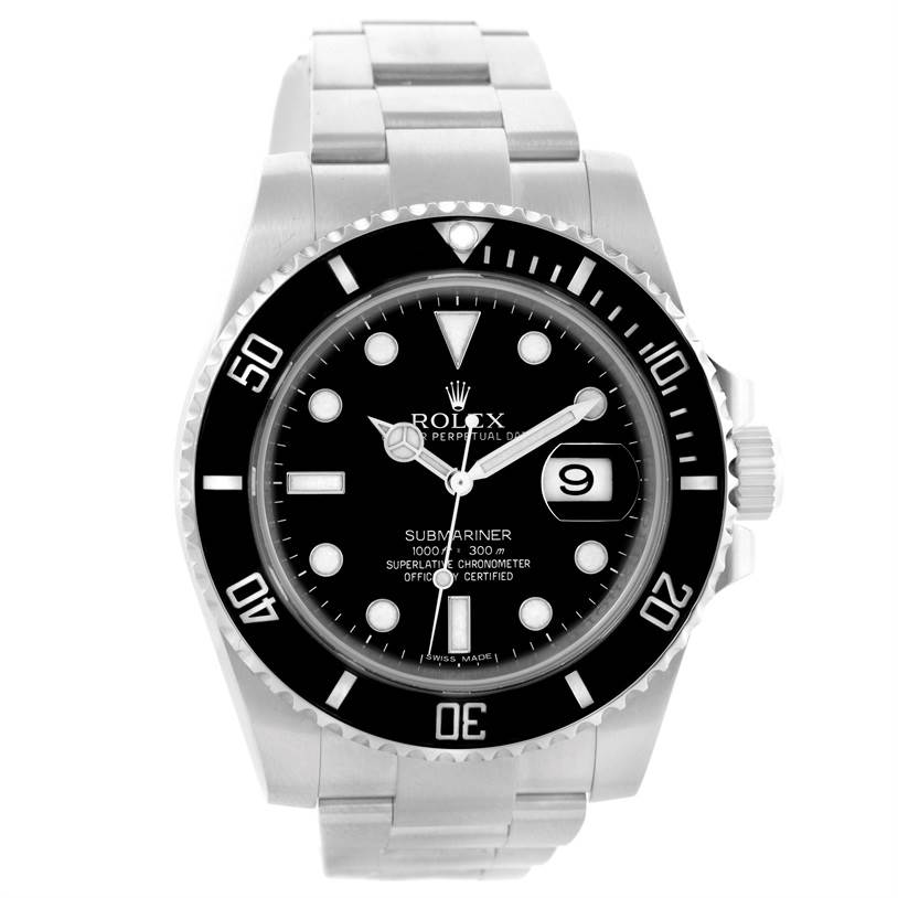 The image shows a front view of a Rolex Submariner 116610 Men
s Stainless Steel Black Dial 116610 Men
s Stainless Steel Black Dial watch, highlighting its black dial, bezel, and bracelet.