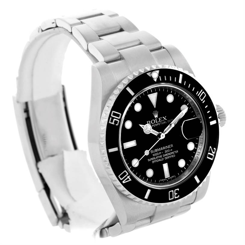The Rolex Submariner 116610 Men
s Stainless Steel Black Dial 116610 Men
s Stainless Steel Black Dial watch shown is viewed at a slight angle from the front, showcasing the bezel, dial, and part of the metal bracelet.