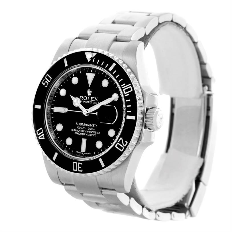 The image shows a Rolex Submariner 116610 Men
s Stainless Steel Black Dial 116610 Men
s Stainless Steel Black Dial watch at a three-quarter angle, highlighting its black dial, bezel, and steel bracelet.