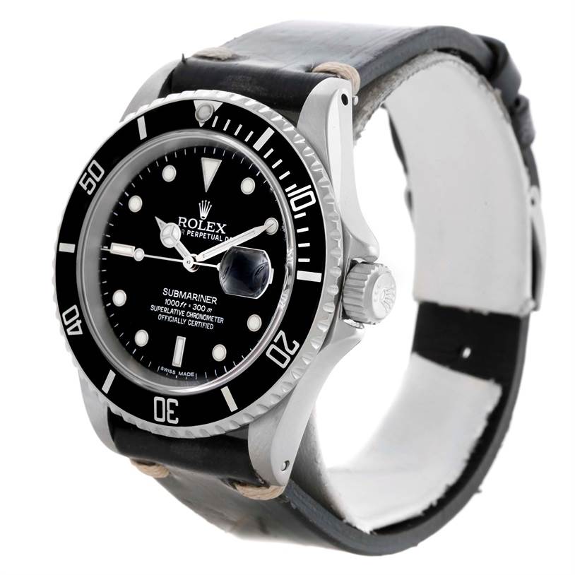The image shows a Rolex Submariner 16610 Men
s Stainless Steel Black Dial 16610 Men
s Stainless Steel Black Dial watch from a three-quarter angle, highlighting its black bezel, dial, and crown.