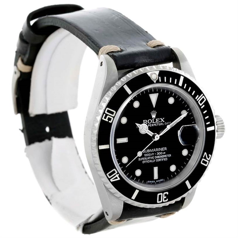 Rolex Submariner Date Mens Stainless Steel Leather Strap Watch 16610 SwissWatchExpo