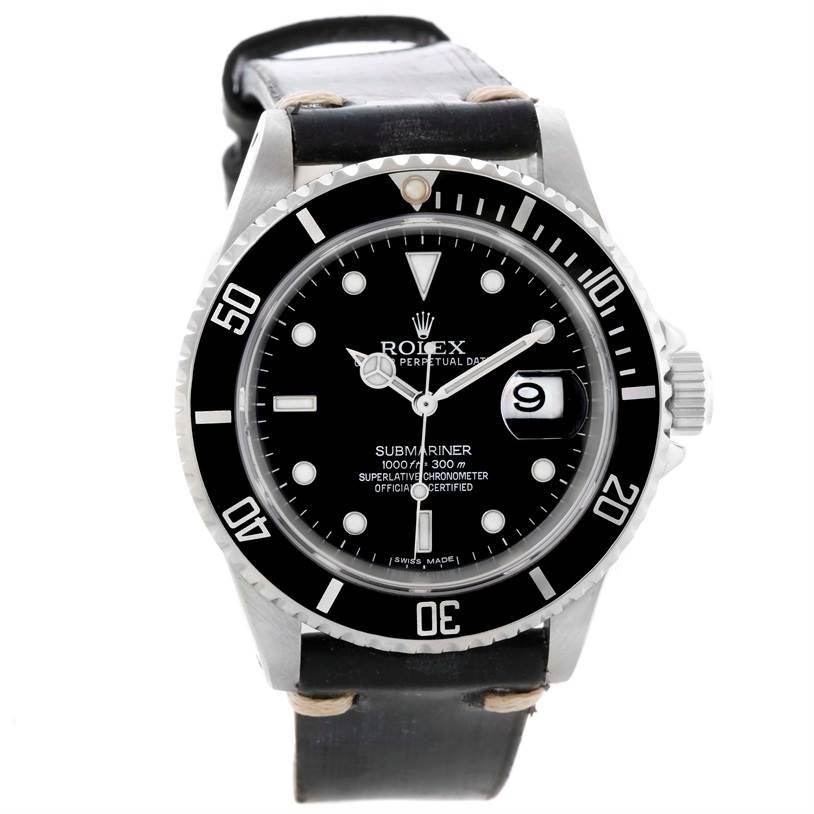 This image shows a front view of a Rolex Submariner 16610 Men
s Stainless Steel Black Dial 16610 Men
s Stainless Steel Black Dial watch displaying its dial, bezel, and black leather strap.