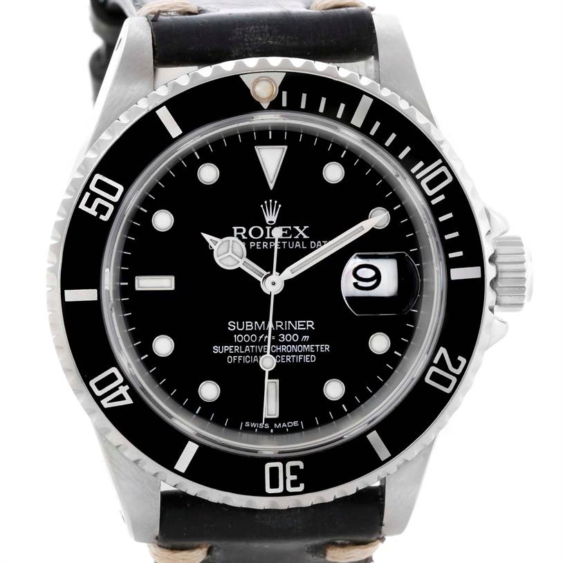 Mens Rolex Date Stainless Steel Watch Black Leather Strap Band