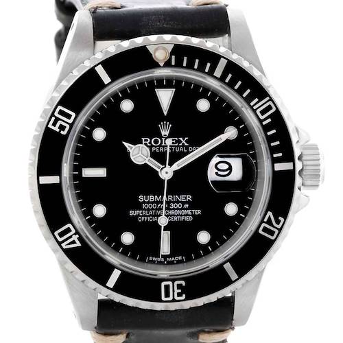 Photo of Rolex Submariner Date Mens Stainless Steel Leather Strap Watch 16610