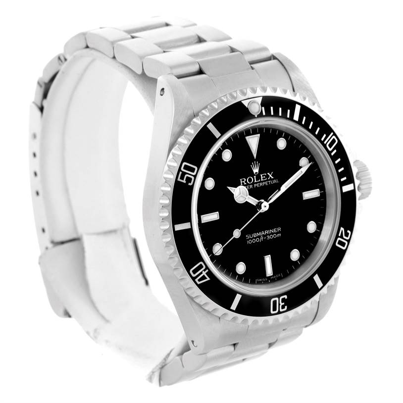 The image shows a front-angle view of the Rolex Submariner 14060 Men
s Stainless Steel Black Dial 14060 Men
s Stainless Steel Black Dial watch, highlighting its face, bezel, and bracelet.