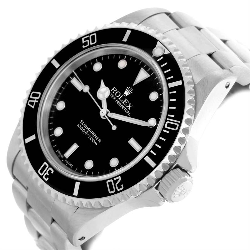 The Rolex Submariner 14060 Men
s Stainless Steel Black Dial 14060 Men
s Stainless Steel Black Dial watch is shown at a slight angle, highlighting the bezel, dial, crown, and part of the bracelet.