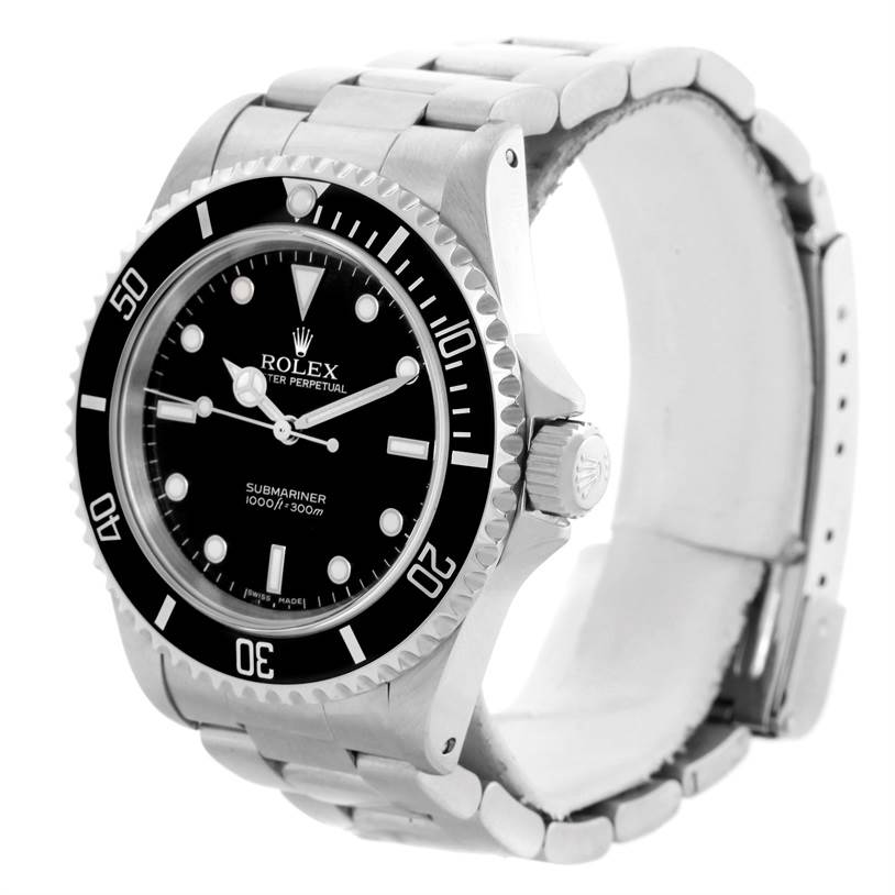 The image shows a side angle view of a Rolex Submariner 14060 Men
s Stainless Steel Black Dial 14060 Men
s Stainless Steel Black Dial watch, highlighting its bezel, face, case, and bracelet.