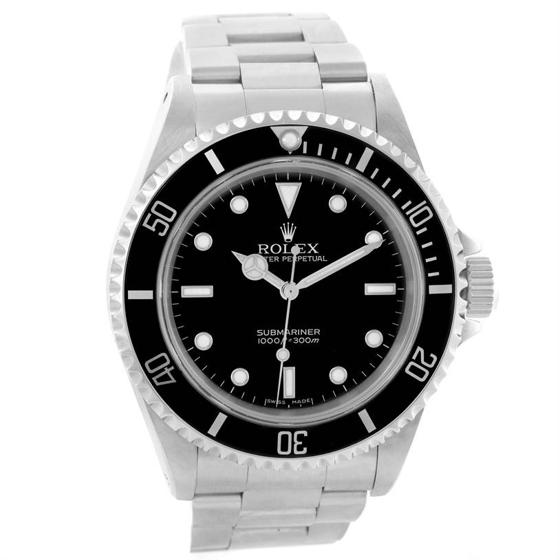 The image shows a front-facing view of a Rolex Submariner 14060 Men
s Stainless Steel Black Dial 14060 Men
s Stainless Steel Black Dial watch, displaying the dial, bezel, and bracelet.