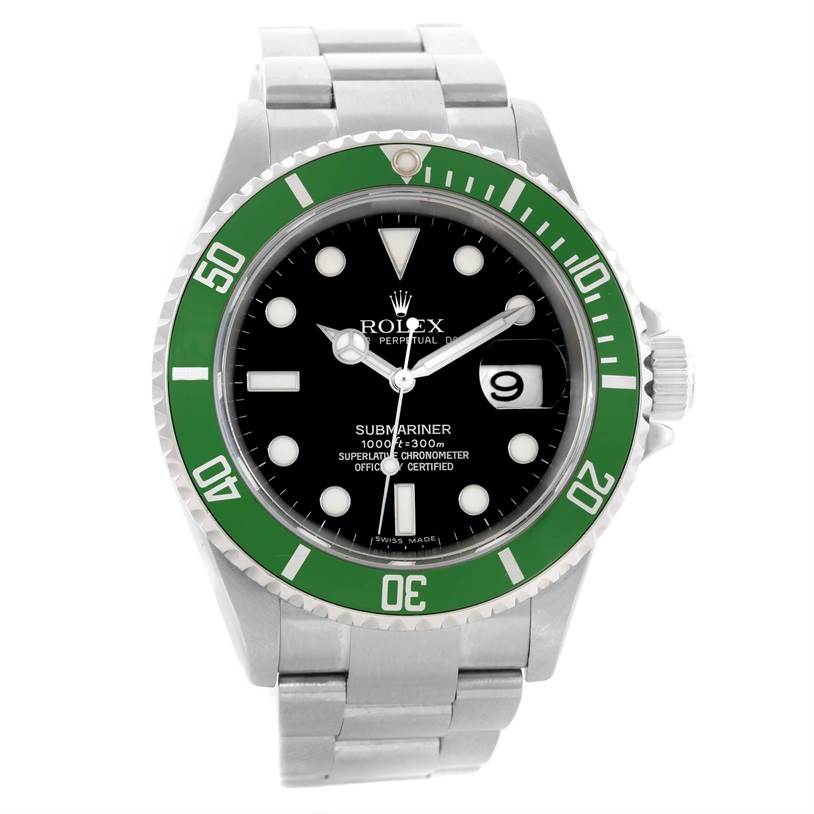 This image shows a frontal view of the Rolex Submariner 16610LV Men
s Stainless Steel Black Dial 16610LV Men
s Stainless Steel Black Dial watch, highlighting its green bezel, black dial, and stainless steel bracelet.