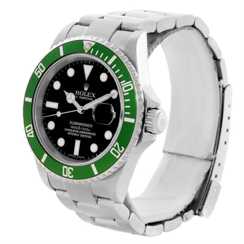 The Rolex Submariner 16610LV Men
s Stainless Steel Black Dial 16610LV Men
s Stainless Steel Black Dial watch is shown from an angled side view, displaying its green bezel, black dial, and part of the metallic bracelet.