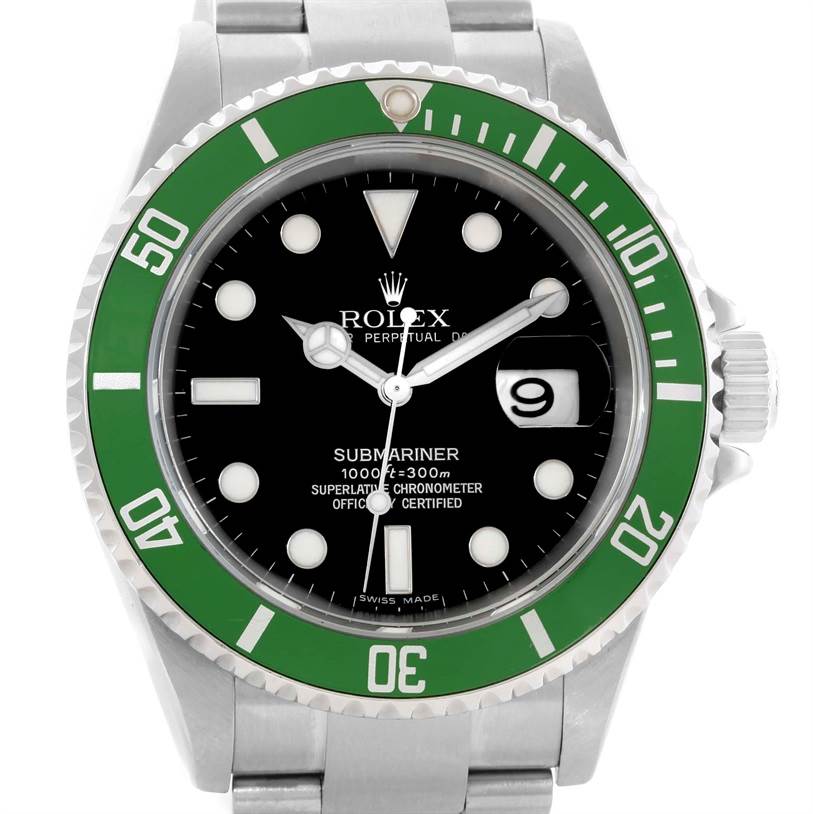 The image shows a front view of a Rolex Submariner 16610LV Men
s Stainless Steel Black Dial 16610LV Men
s Stainless Steel Black Dial watch, highlighting its green bezel, black dial, and stainless steel bracelet.