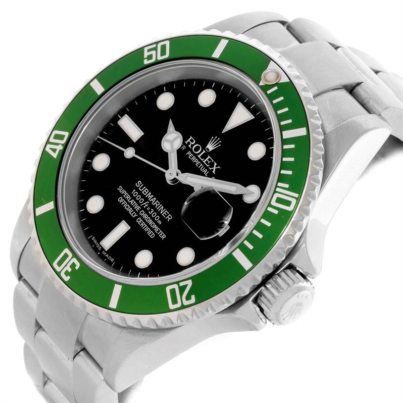 This image shows a side angle of a Rolex Submariner 16610LV Men
s Stainless Steel Black Dial 16610LV Men
s Stainless Steel Black Dial watch displaying its green bezel, black dial, and stainless steel bracelet.