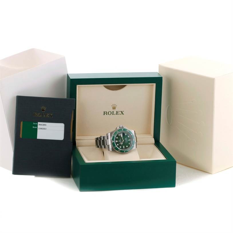 The image shows a Rolex Submariner 116610LV Men's Stainless Steel Green Dial 116610LV Men's Stainless Steel Green Dial watch in its green case with the outer box and warranty card displayed.