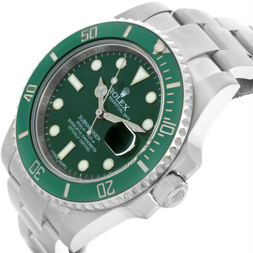 The image shows a close-up angle of the Rolex Submariner 116610LV Men's Stainless Steel Green Dial 116610LV Men's Stainless Steel Green Dial watch, highlighting its green dial, green bezel, and stainless steel bracelet.