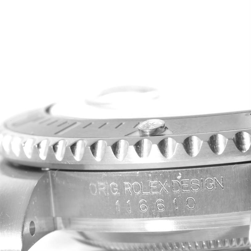 The image shows a close-up side view of the bezel and case of a Rolex Submariner 116610 Men
s Stainless Steel Black Dial 116610 Men
s Stainless Steel Black Dial, highlighting the model number and design engraving.