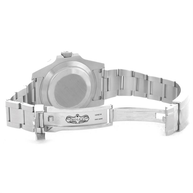 This image shows the back view of a Rolex Submariner 116610 Men
s Stainless Steel Black Dial 116610 Men
s Stainless Steel Black Dial watch, highlighting the case back, bracelet, and the clasp with the Rolex logo.