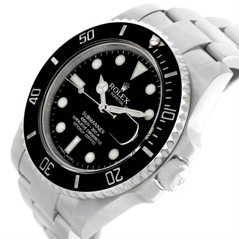 The image shows a close-up of a Rolex Submariner 116610 Men
s Stainless Steel Black Dial 116610 Men
s Stainless Steel Black Dial watch, focusing on the dial, bezel, and part of the bracelet from an angled view.