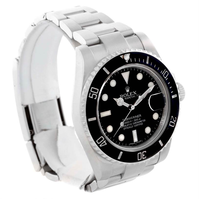The image shows a side-angle view of a Rolex Submariner 116610 Men
s Stainless Steel Black Dial 116610 Men
s Stainless Steel Black Dial watch, focusing on the face, bezel, and metal bracelet.